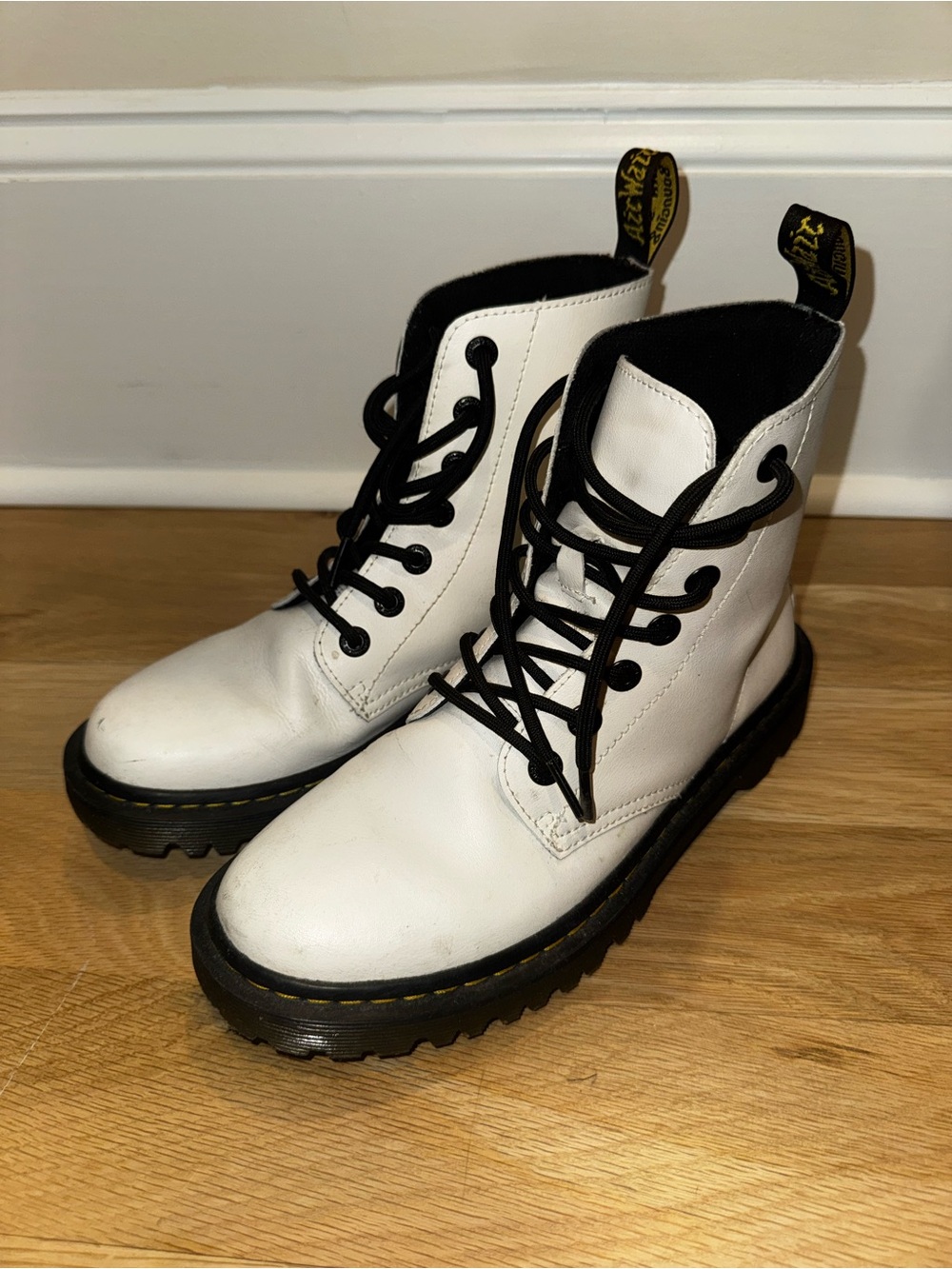 Dr. Martens White Leather Lace-Up Combat Boots with Black Trim
